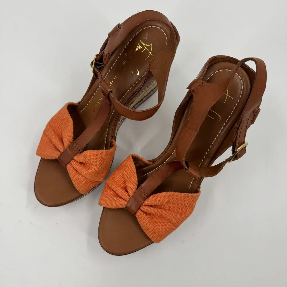 Franco Sarto Riviera Wedge Sandal Womens 8.5 Brown Orange Leather Bow Espadrille